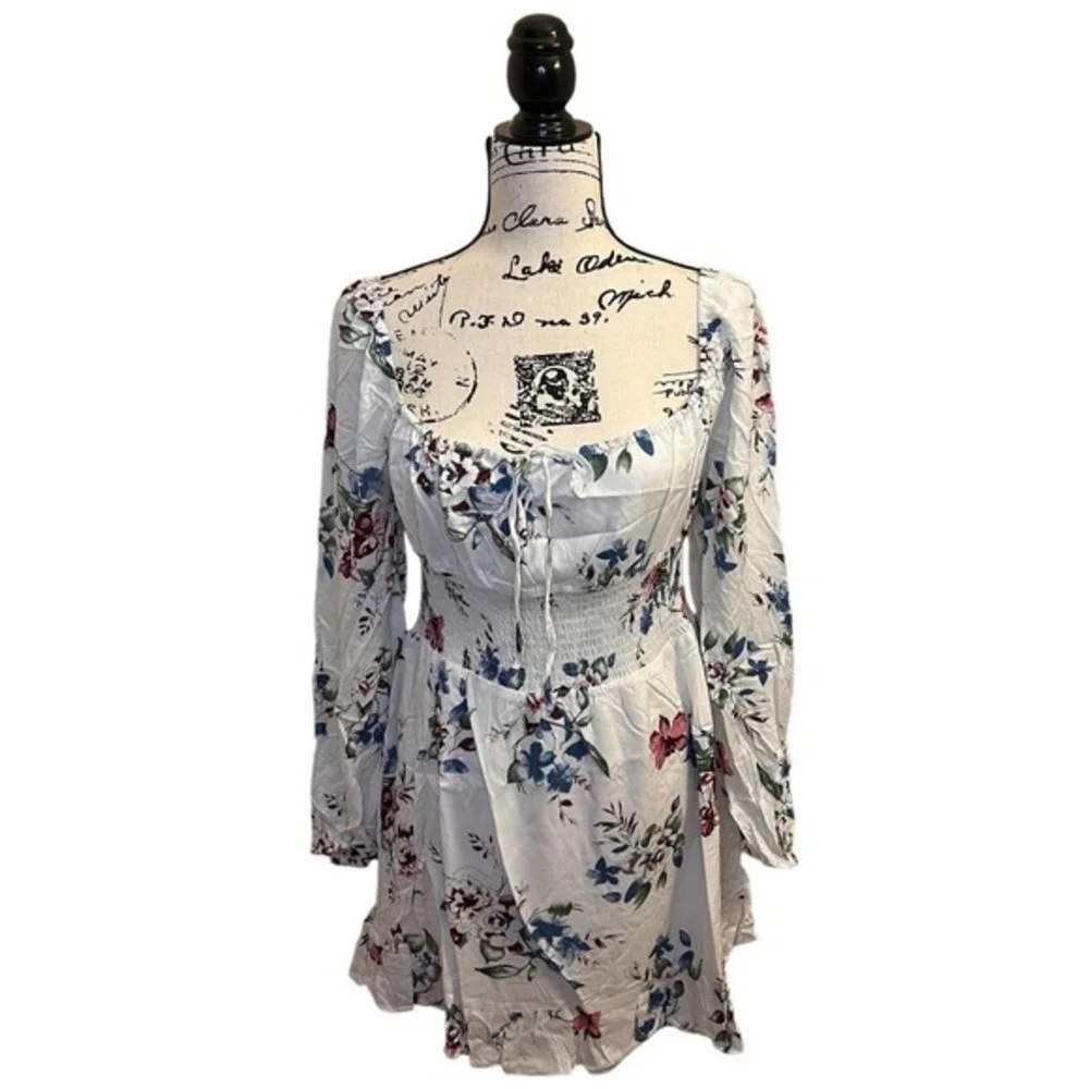 Urban Outfitters Lumiere Ivory/Red/Blue Floral Print Dress SZ M - Picture 1 of 16